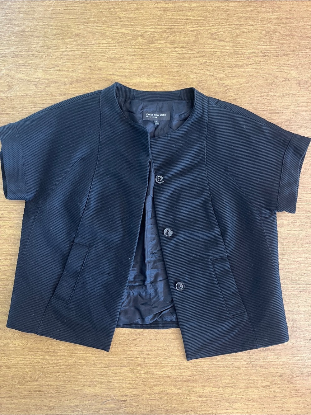 Jones New York Black Collarless Short-Sleeve Boxy Blazer, Front Pockets, Sz 10
